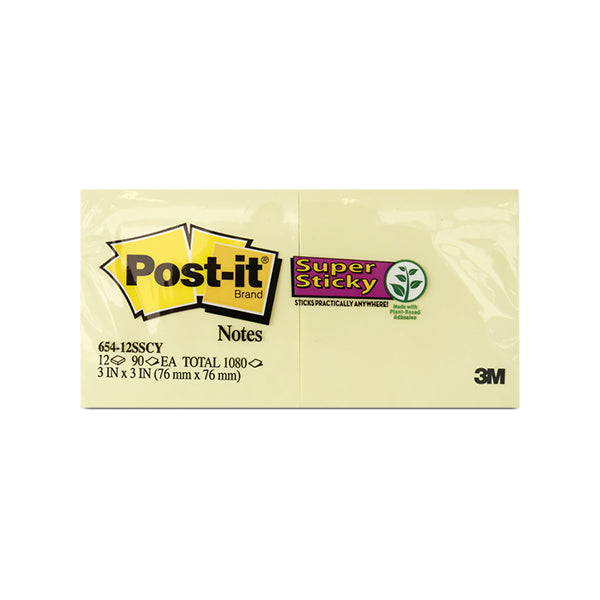 654 POST IT SUPER STICKY NOTES 3INX3IN CANARY YELLOW:12PADS*90SH