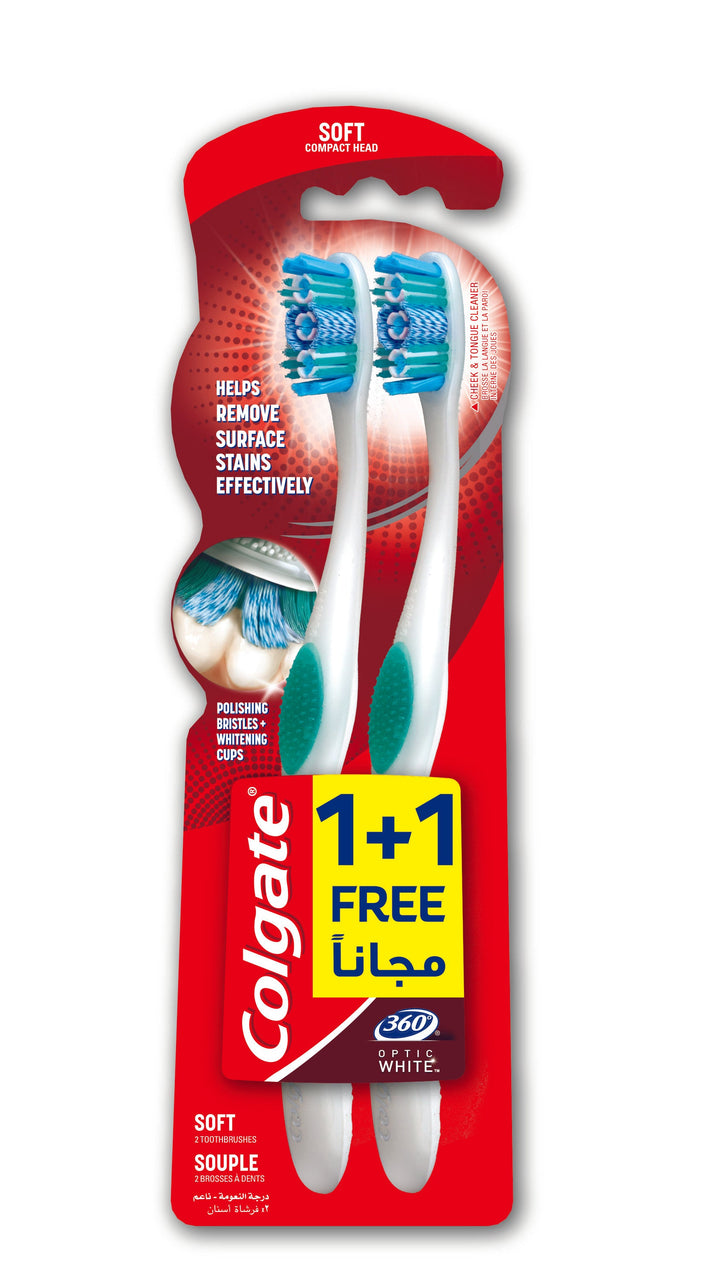 COLGATE - 360 OPTIC WHITE SOFT WHITENING TOOTHBRUSH, VALUE PACK -2pk - 360 Optic White Soft 1+1 - Holdnshop